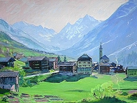 Albert Nyfeler : Kippel im Frühling, huile sur toile